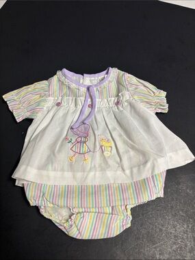 VINTAGE Baby Girl Pastel Striped Dress & Bloomer Set - White and Pastel Colors